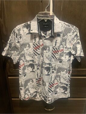 Graphic Comic-Print Short Sleeve Shirt - Black & White with Red Accents